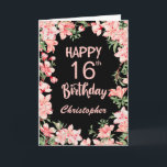 16th Birthday Pink Peach Watercolor Floral Black Card<br><div class="desc">16th Birthday Pink Peach Watercolor Floral Black Birthday Card. For further customization,  please click the "Customize it" button and use our design tool to modify this template.</div>