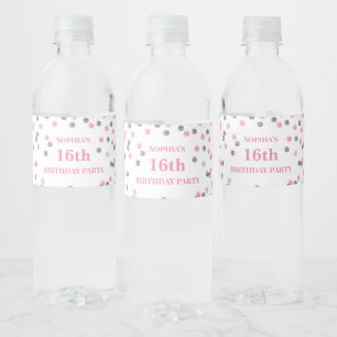 16th Birthday Pink Silver Confetti Water Bottle Label