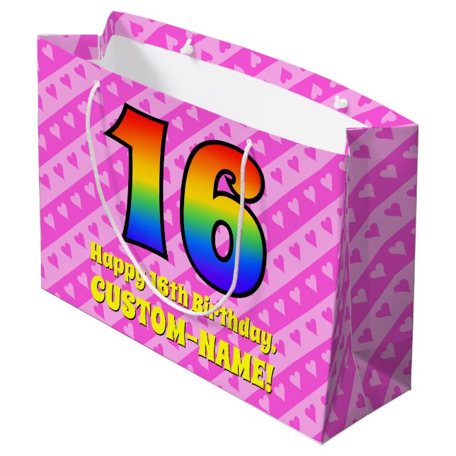 16th Birthday: Pink Stripes & Hearts, Rainbow # 16 Large Gift Bag (Back Angled)