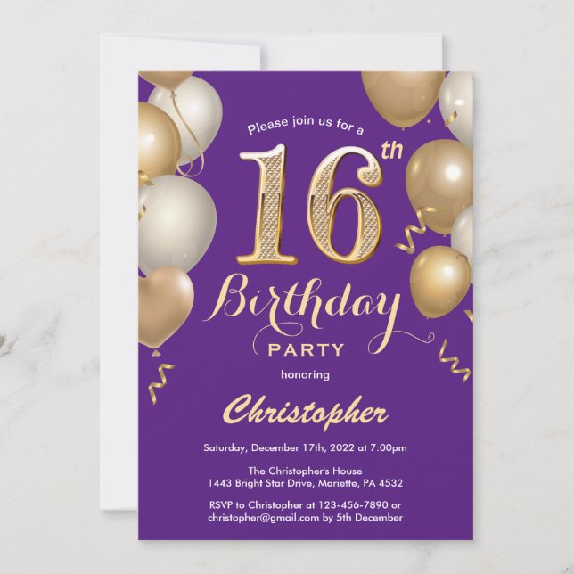 16th Birthday Purple and Gold Balloons Confetti Invitation (Front)