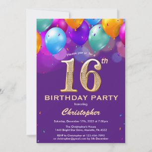 16th Birthday Purple and Gold Colourful Balloons Invitation