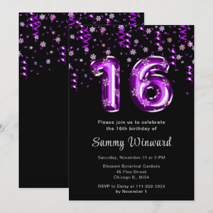 16th Birthday Purple Balloons Snowflake Confetti Invitation