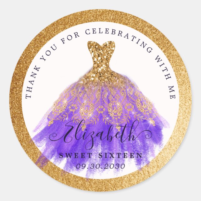 16th Birthday Purple Gold Glitter Dress Thank You Classic Round Sticker (Front)
