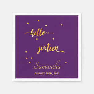 16th birthday purple gold hello 16 typography name napkin