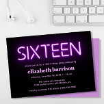 16th Birthday Purple Neon Lights Party Invitation<br><div class="desc">Cool simple 16th birthday party invitation with "sixteen" in dark purple glowing neon lights against a black background.</div>