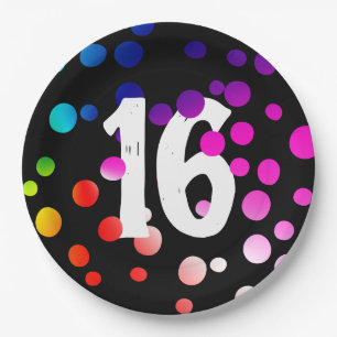 16th Birthday Rainbow Dots on Black Paper Plate