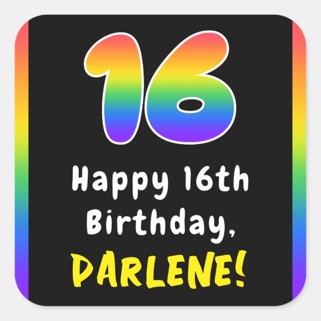 16th Birthday: Rainbow Spectrum # 16, Custom Name Square Sticker (Front)