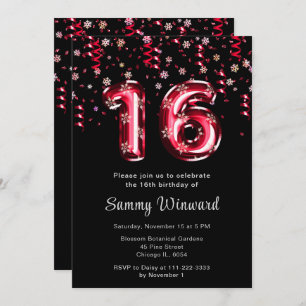 16th Birthday Red Balloons Snowflake Confetti Invitation