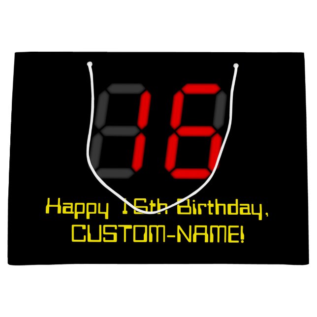 16th Birthday: Red Digital Clock Style "16" + Name Large Gift Bag (Front)