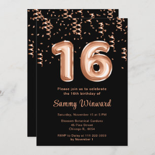 16th Birthday Rose Gold Balloons with Confetti Invitation