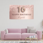 16th birthday rose gold glitter pink balloon style banner<br><div class="desc">Elegant, classic, glamourous and girly for a Sweet 16, 16th birthday party. Rose gold and blush pink, gradient background. Decorated with rose gold, pink faux glitter drips, paint dripping look. Personalize and add a name. With the text: Happy Birthday plus the birthday girls name. The text is written with a...</div>