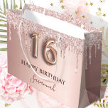 16th birthday rose gold glitter pink balloon style large gift bag<br><div class="desc">Elegant, classic, glamourous and girly for a Sweet 16, 16th birthday party. Rose gold and blush pink, gradient background. Decorated with rose gold, pink faux glitter drips, paint dripping look. Personalize and add a name. With the text: Happy Birthday. The name is written with a modern dark rose coloured hand...</div>