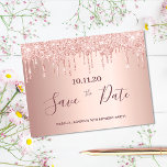 16th birthday rose gold glitter save the date postcard<br><div class="desc">A girly and trendy Save the Date card for a Sweet Sixteenth 16th birthday party. A feminine pink, rose gold faux metallic looking background decorated with faux rose gold glitter drips. Templates for a date and name/age 16. Dark rose gold coloured letters. The text: Save the Date is written with...</div>