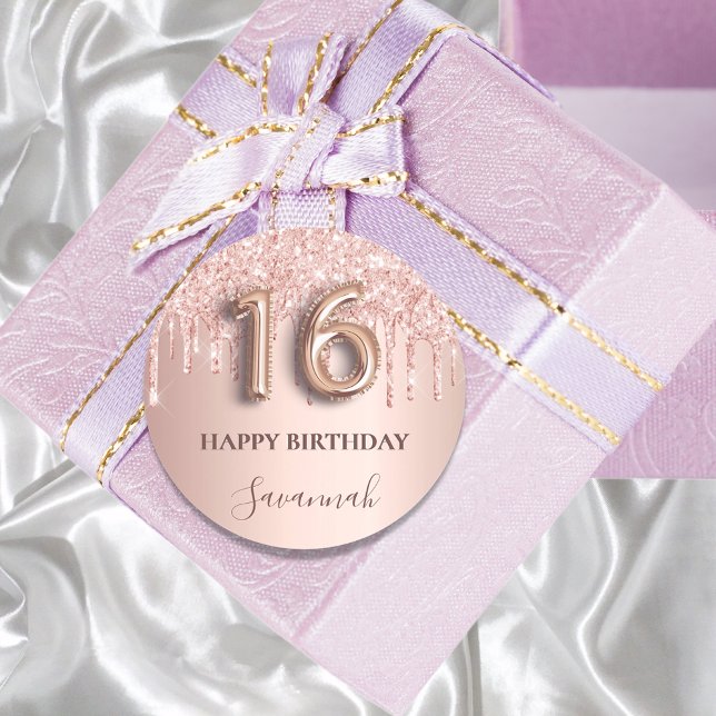 16th birthday rose gold pink classic round sticker (Creator Uploaded)