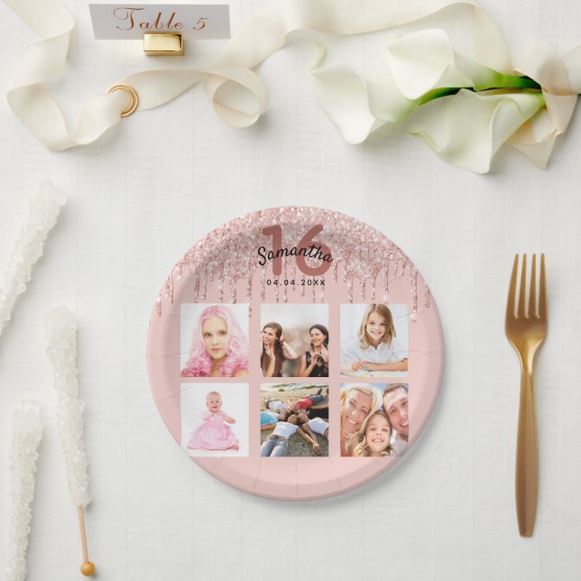 16th birthday rose gold pink photo paper plate (Wedding)