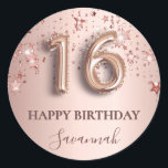 16th birthday rose gold pink stars balloon font classic round sticker<br><div class="desc">Elegant, classic, glamourous and girly for a Sweet 16, 16th birthday party. Rose gold and blush pink, gradient background. Decorated with rose gold, pink sparkling stars. Personalize and add a name. With the text: Happy Birthday plus the birthday girls name. The name is written with a modern dark rose coloured...</div>