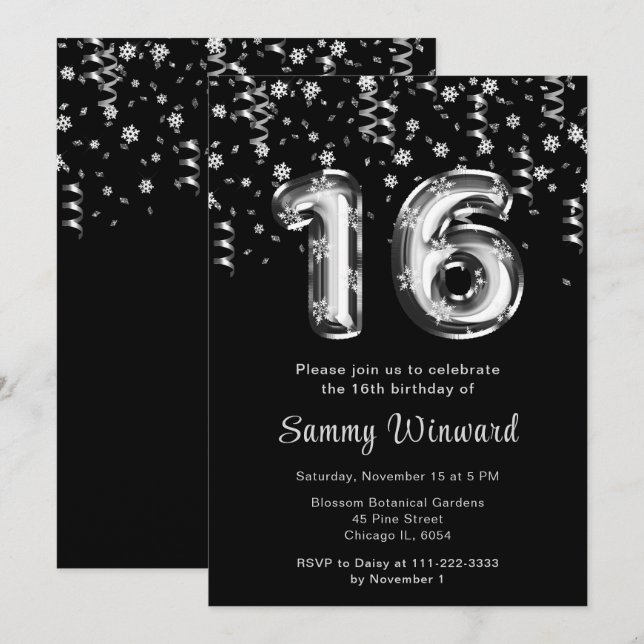 16th Birthday Silver Balloons Snowflake Confetti Invitation (Front/Back)