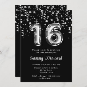 16th Birthday Silver Balloons Snowflake Confetti Invitation