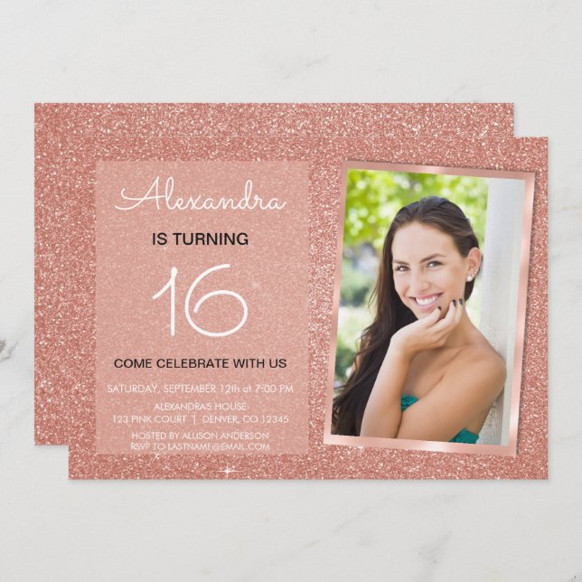 16th Birthday Sparkle Rose Gold Blush Pink Photo Invitation (Front/Back)