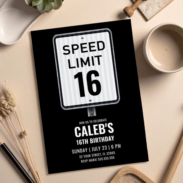 16th Birthday Speed Limit Black and White Sign Invitation (Creator Uploaded)