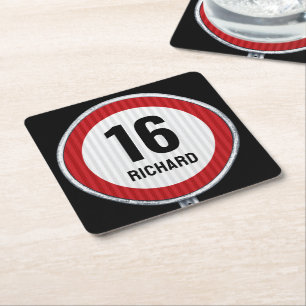16th Birthday Speed Limit Square Paper Coaster