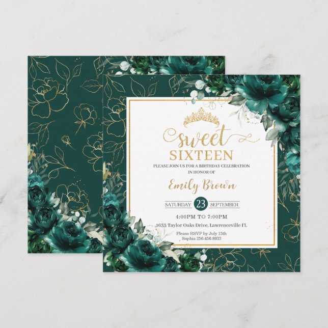 16th Birthday Sweet 16 Emerald Green Floral Gold Invitation (Front/Back)