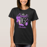 16th Birthday. Sweet 16 girl’s T-Shirt<br><div class="desc">16th Birthday. Editable name. Sweet 16 girl. Purple high heel,  cup cake,  black background,  stars,  rhinstines. Glamorous design for a girl,  young lady</div>