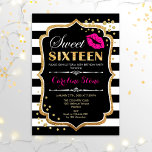 16th Birthday - Sweet Sixteen Black Pink Gold Invitation<br><div class="desc">Sweet Sixteen Birthday Invitation.
Elegant black white design with faux glitter gold. Features pink lips kiss,  black white stripes,  confetti and script font. Perfect for a stylish 16th birthday party. Message me if you need further customization.</div>
