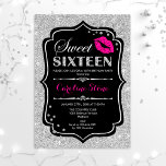16th Birthday - Sweet Sixteen Black Pink Silver Invitation<br><div class="desc">Sweet Sixteen Birthday Invitation.
Elegant black white design with faux glitter silver. Features pink lips kiss,  confetti and script font. Perfect for a stylish 16th birthday party. Message me if you need further customization.</div>