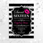 16th Birthday - Sweet Sixteen Black Pink Silver Invitation<br><div class="desc">Sweet Sixteen Birthday Invitation.
Elegant black white design with faux glitter silver. Features pink lips kiss,  black white stripes,  confetti and script font. Perfect for a stylish 16th birthday party. Message me if you need further customization.</div>