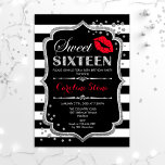 16th Birthday - Sweet Sixteen Black Red Silver Invitation<br><div class="desc">Sweet Sixteen Birthday Invitation.
Elegant black white design with faux glitter silver. Features red lips kiss,  black white stripes,  confetti and script font. Perfect for a stylish 16th birthday party. Message me if you need further customization.</div>