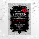 16th Birthday - Sweet Sixteen Black Red Silver Invitation<br><div class="desc">Sweet Sixteen Birthday Invitation.
Elegant black white design with faux glitter silver. Features red lips kiss,  confetti and script font. Perfect for a stylish 16th birthday party. Message me if you need further customization.</div>