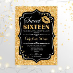 16th Birthday - Sweet Sixteen Gold Black Invitation<br><div class="desc">Sweet Sixteen Birthday Invitation.
Elegant black white design with faux glitter gold. Features lips kiss,  confetti and script font. Perfect for a stylish 16th birthday party. Message me if you need further customization.</div>