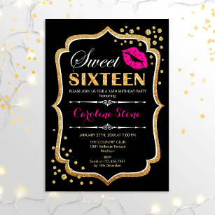 16th Birthday - Sweet Sixteen Gold Black Pink Invitation