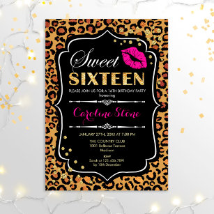 16th Birthday - Sweet Sixteen Leopard Print Pink Invitation