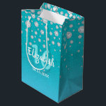16th birthday teal blue green glitter name medium gift bag<br><div class="desc">An elegant and glamorous sweet 16th birthday gift bag. Teal, blue green gradient colored faux glitter with faux diamond sprinkle. Templates for a name, age 16 and a date. Date of birth or the date of the party/anniversary. White and teal colored letters. The name is written with a hand-lettered style...</div>