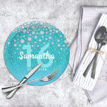 16th birthday teal blue green glitter name paper plate<br><div class="desc">An elegant and glamourous sweet 16th birthday party napkin. Teal, blue green gradient coloured faux glitter with faux diamond sprinkle. Templates for a name, age 16 and a date. Date of birth or the date of the party/anniversary. White and teal coloured letters. The name is written with a hand-lettered style...</div>