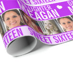 16th birthday three photos purple daughter wrapping paper<br><div class="desc">Graphic purple, and white with a little white heart sweet sixteen daughter birthday wrapping paper. Bright graphic birthday wrap with three placeholders for your own photos and to customize with your own name, age, and inside message. A matching birthday card is also available. Unique design by Sarah Trett for www.mylittleeden.com...</div>