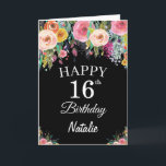 16th Birthday Watercolor Floral Flowers Black Card<br><div class="desc">16th Birthday Watercolor Floral Flowers Black Card with personalized name and age. For further customization,  please click the "Customize it" button and use our design tool to modify this template.</div>