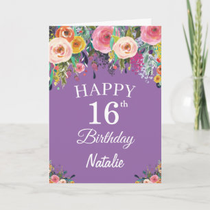 16th Birthday Watercolor Floral Flowers Purple Card