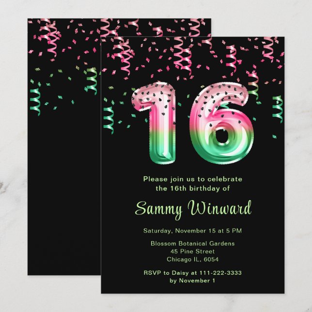 16th Birthday Watermelon Balloons with Confetti Invitation (Front/Back)