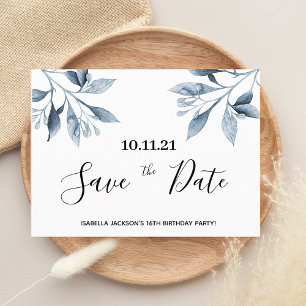 16th birthday white blue botanical save the date postcard