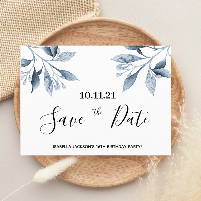 16th birthday white blue botanical save the date postcard (Creator Uploaded)