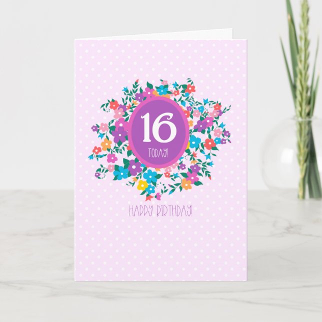 16th Birthday with Flowers and Polka Dots Card (Front)
