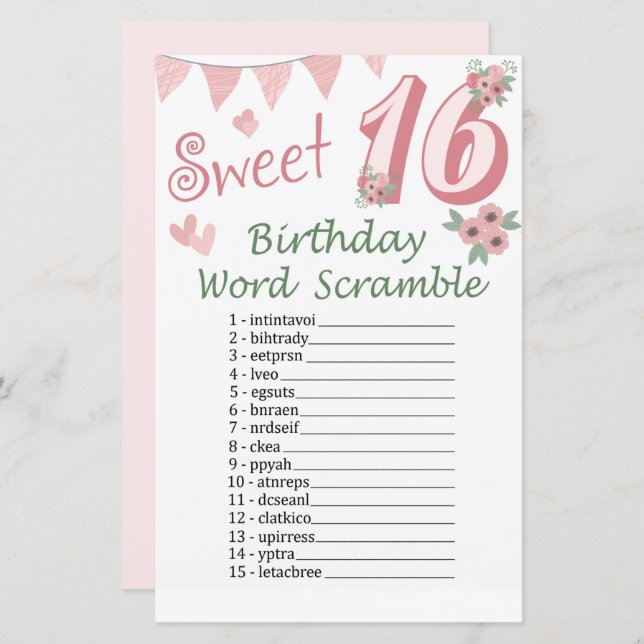 16th Birthday Word Scramble Game (Front/Back)