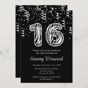 16th Birthday Zebra Print Balloons with Confetti Invitation