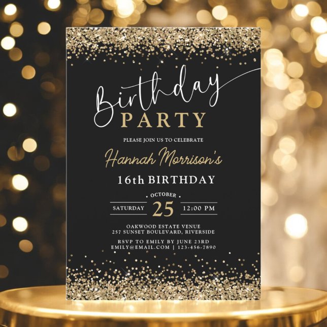16th Black Gold Glitter Any Age Birthday  Invitation (Creator Uploaded)
