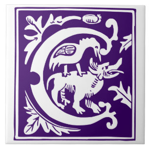 16th Century Mythic Creatures Decorative Capital C Tile