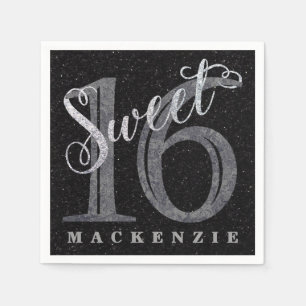 16th Charcoal Grey   Sweet 16 Silver Glitter   Napkin