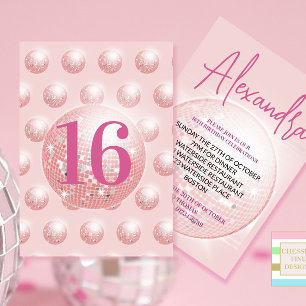 16th Disco Ball Modern Pink Birthday Invitation